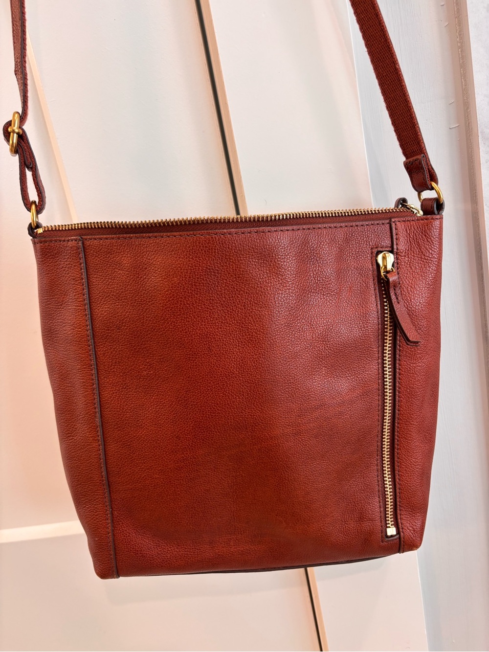 Fossil Brown Leather Crossbody with Zip Accent